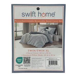 Swift Home Crinkle Reversible Duvet Cover & Sham, Silver/Grey, Twin/TwinXL
